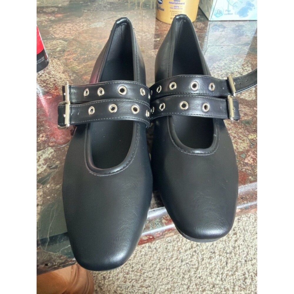 Women's Black Mary Jane Flats with Grommet Strap Detail